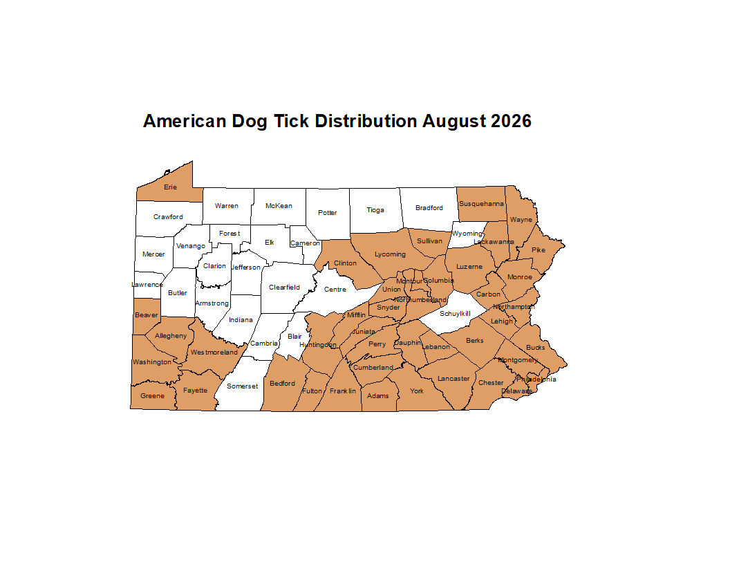 2026 Map Showing Distribution of American Dog Tick in PA