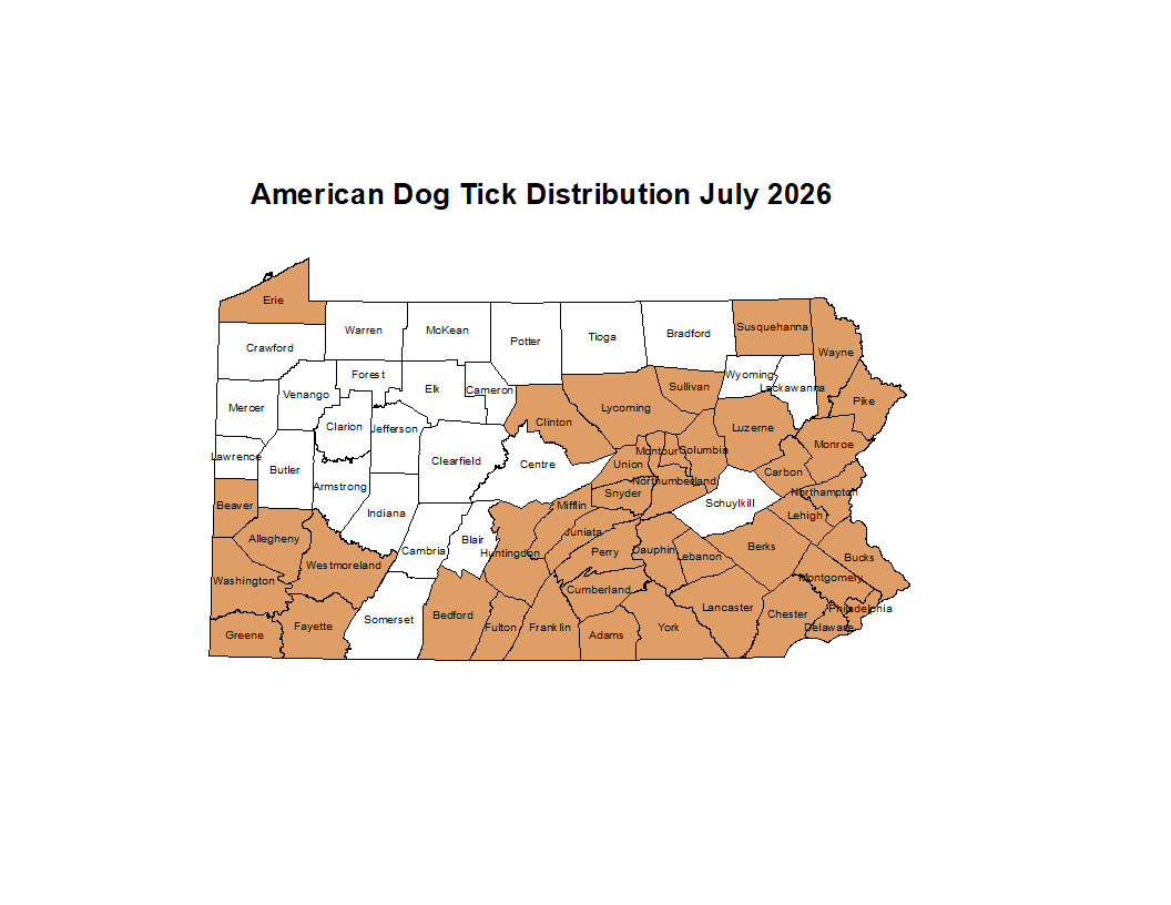 2025 Map Showing Distribution of American Dog Tick in PA
