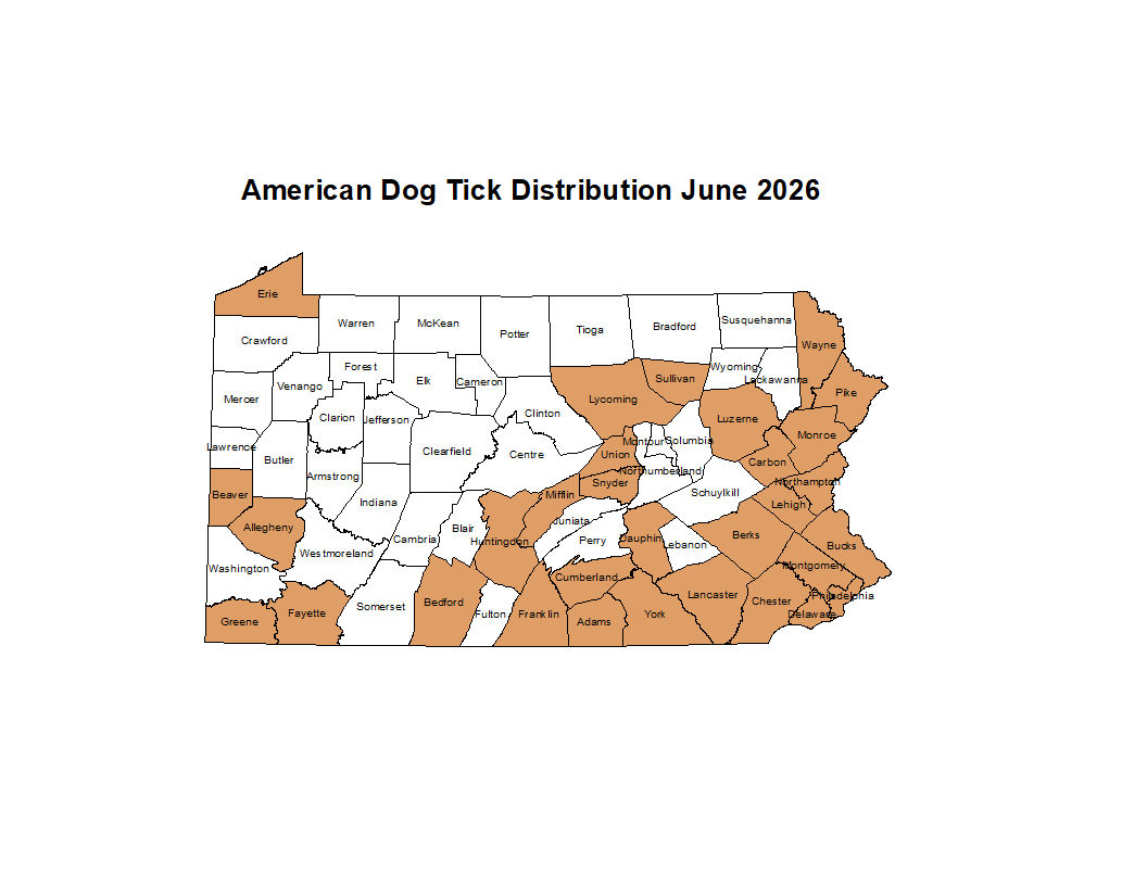 2025 Map Showing Distribution of American Dog Tick in PA