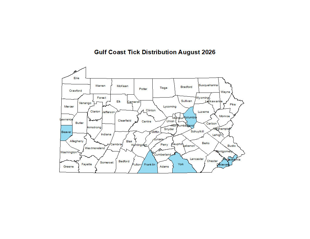 2026 Map Showing Distribution of Gulf Coast Tick in PA