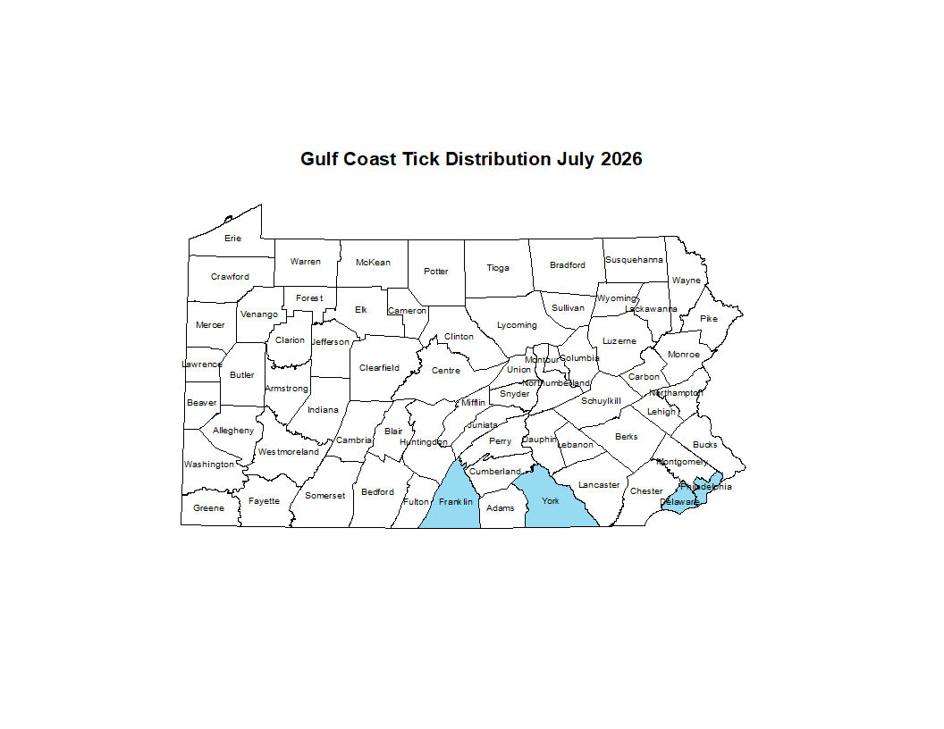 2025 Map Showing Distribution of Gulf Coast Tick in PA