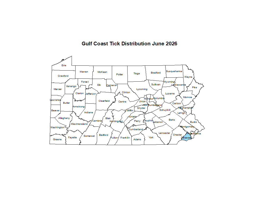2025 Map Showing Distribution of Gulf Coast Tick in PA