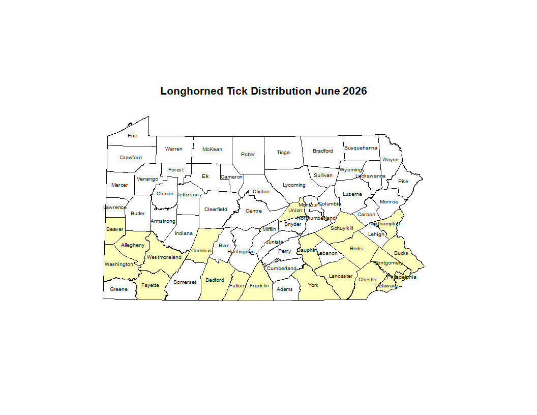 2024 Map Showing Distribution of Asian Longhorned Tick in PA
