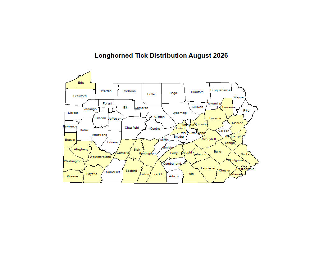 2026 Map Showing Distribution of Asian Longhorned Tick in PA