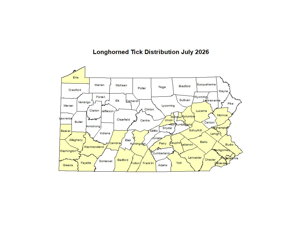 2024 Map Showing Distribution of Asian Longhorned Tick in PA