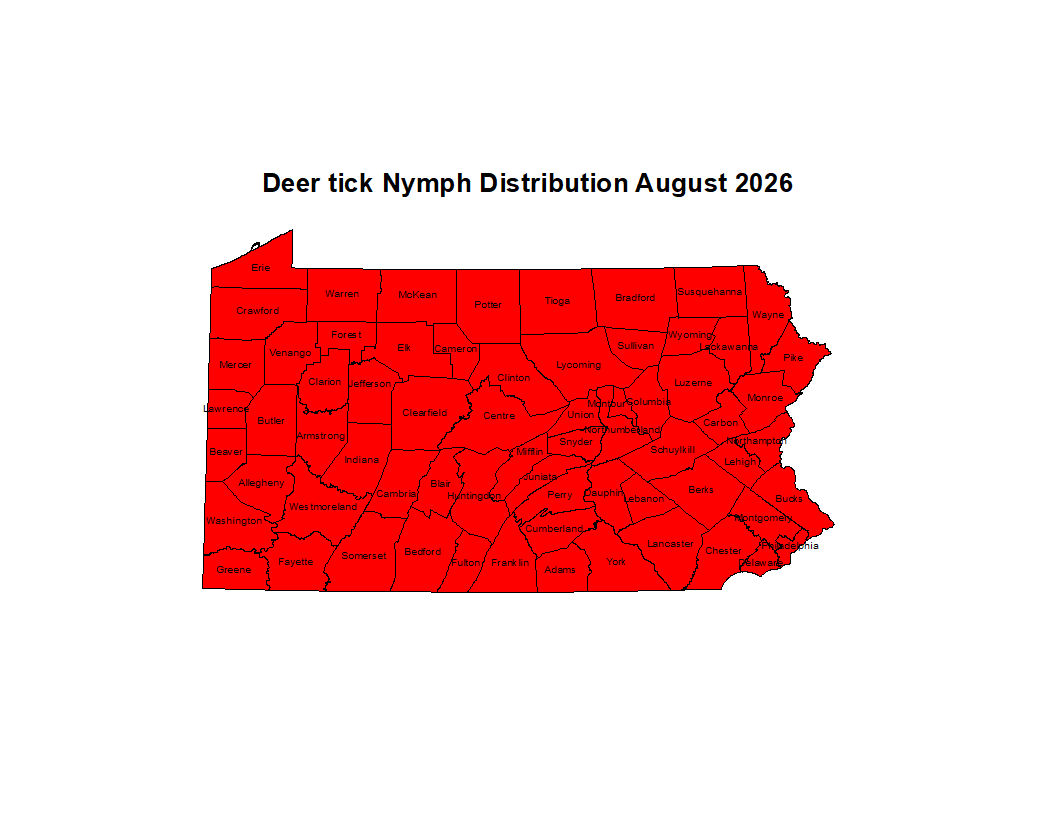 2026 Map Showing Distribution of Blacklegged Tick in PA