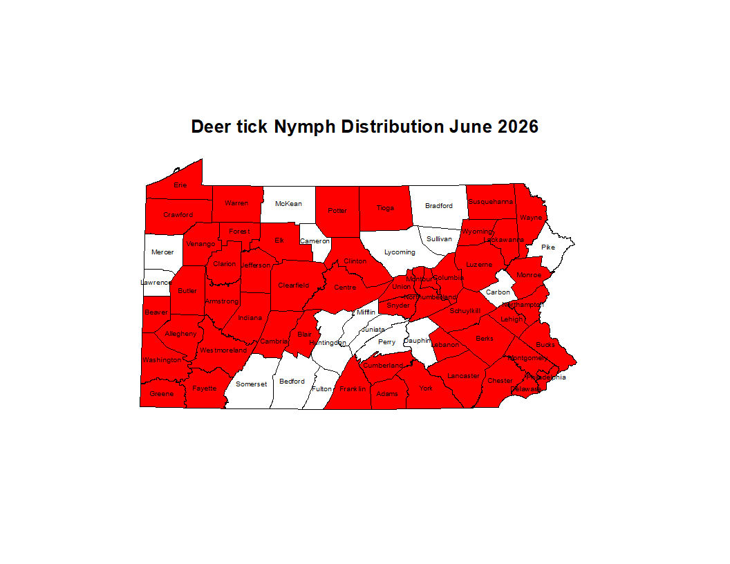 2025 Map Showing Distribution of Blacklegged Tick in PA