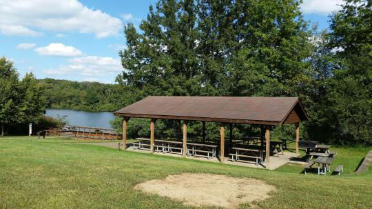 A wooden pavilion covering picnic tables in a grassy field surrounded by trees with a lake in the background.