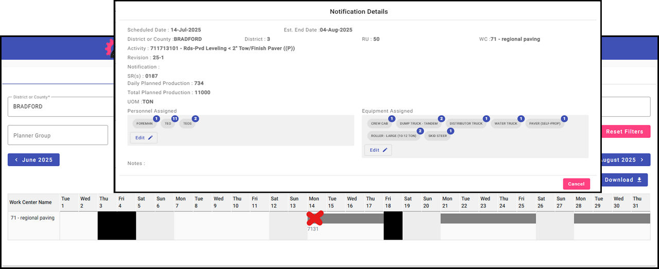 Screenshot of the MPRB tool showing the personnel and equipment resources scheduled for an upcoming job in Bradford County.