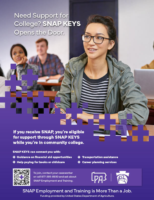 Thumbnail for More Than A Job Flyer 3 - Text reads: "Need Support for College? SNAP KEYS Opens the Door. SNAP KEYS can connect you with: If you receive SNAP, you’re eligible for support through SNAP KEYS while you’re in community college. Guidance on financial aid opportunities Help paying for books or childcare Transportation assistance Career planning services SNAP Employment and Training is More Than a Job. Funding provided by United States Department of Agriculture."
