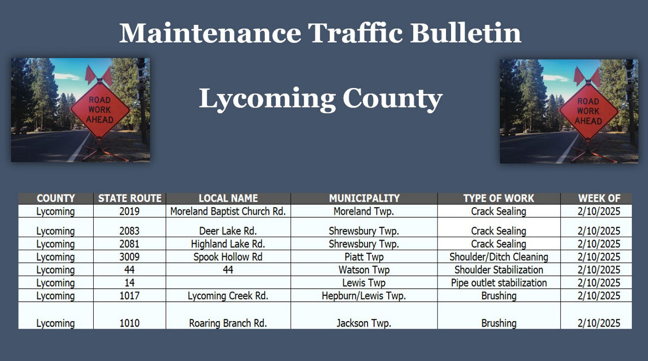 Maintenance and Traffic Bulletin for Lycoming County