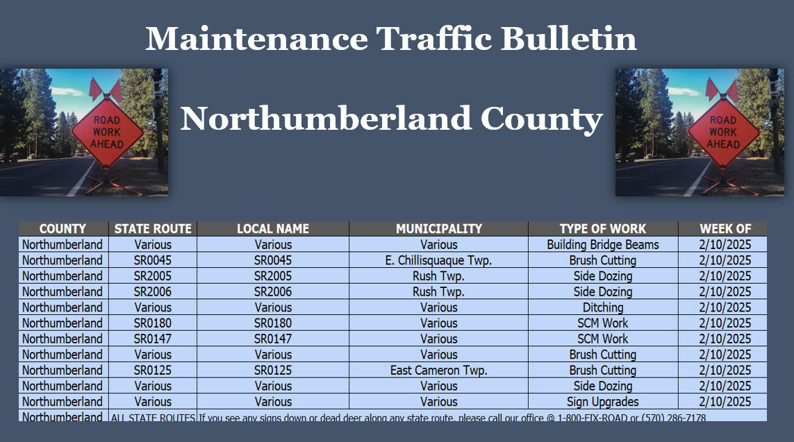 Maintenance and Traffic Bulletin for Northumberland County