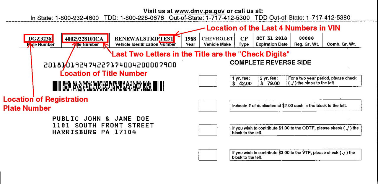 Sample invitation to renew with red boxes and text calling out the location of important information