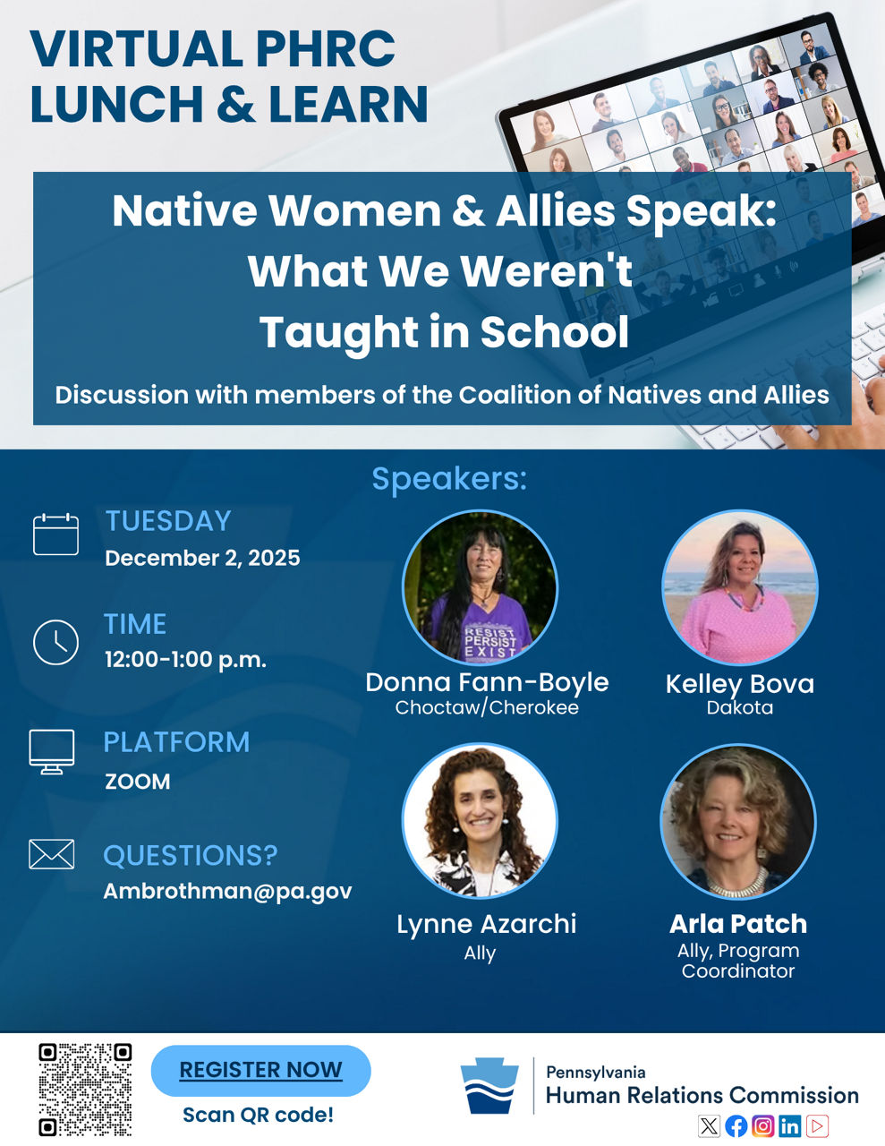 Flyer for PHRC Virtual Lunch & Learn: Native Women & Allies Speak: What We Weren't Taught in School 