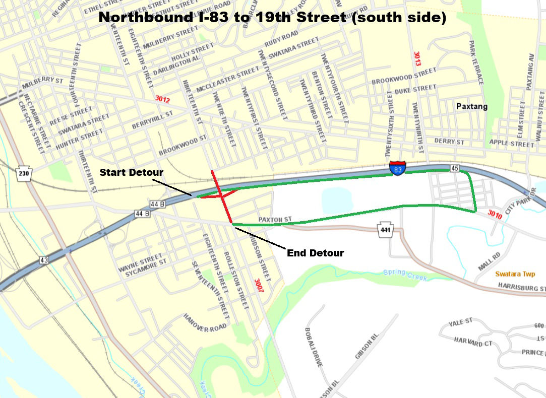 Image shows detour from northbound I-83 to 19th Street south of closure.