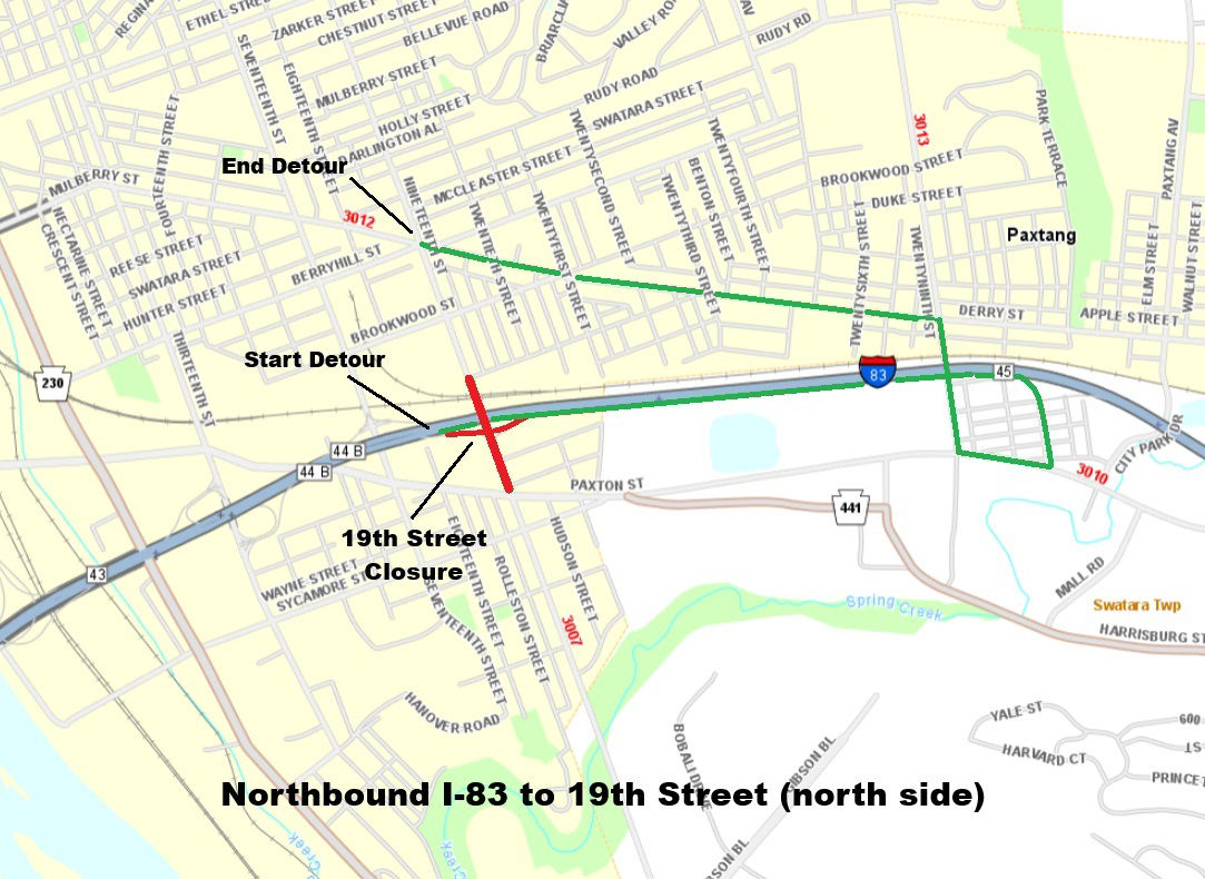 Image shows detour from northbound I-83 to 19th Street north of closure.