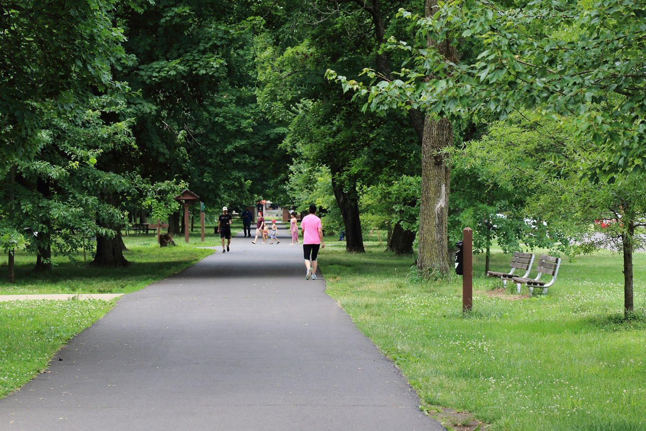 Two ladies walking on a paved path through a grassy picnic area with some shade trees