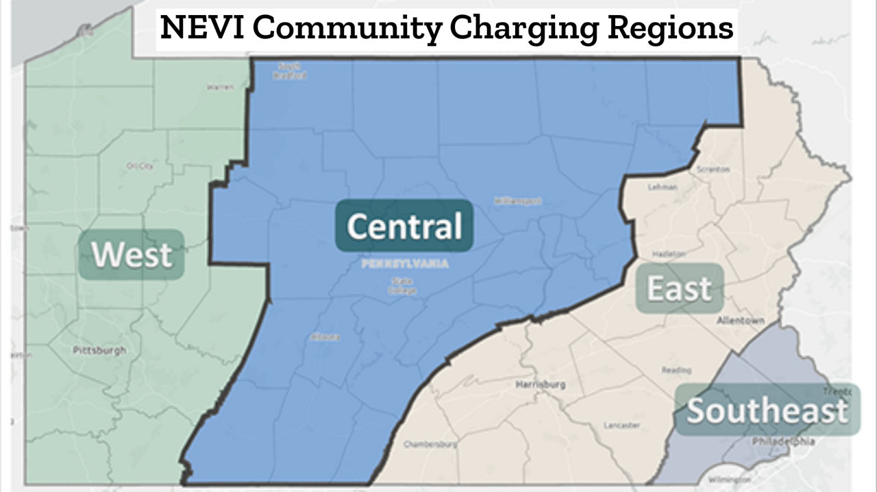 Map of central PA region for NEVI community charging funding