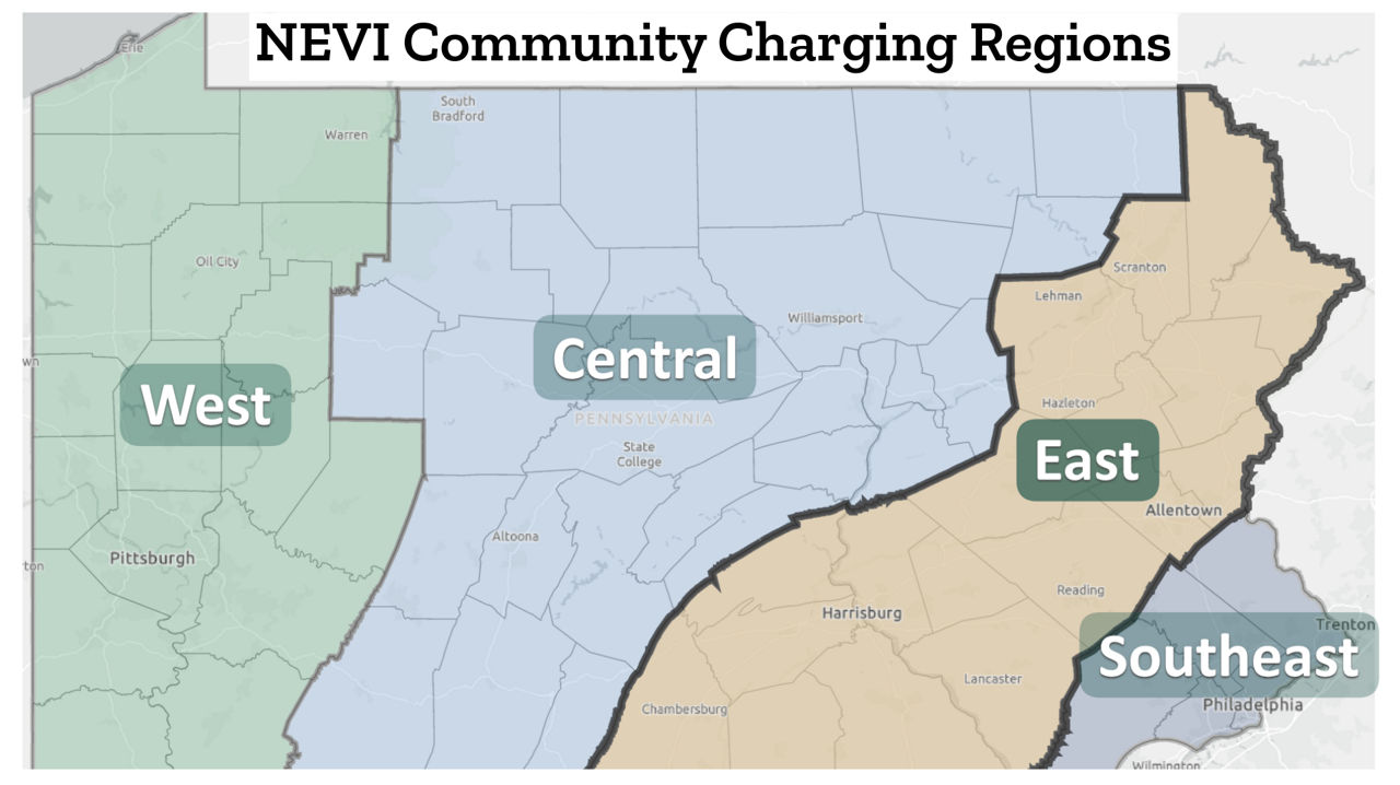 Map showing regions for Community Charging EV funding in PA