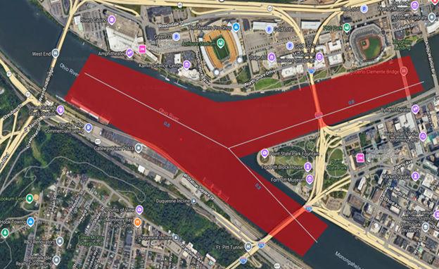 A map of the river security zone around the NFL Draft campus in Pittsburgh. (Courtesy USCG)