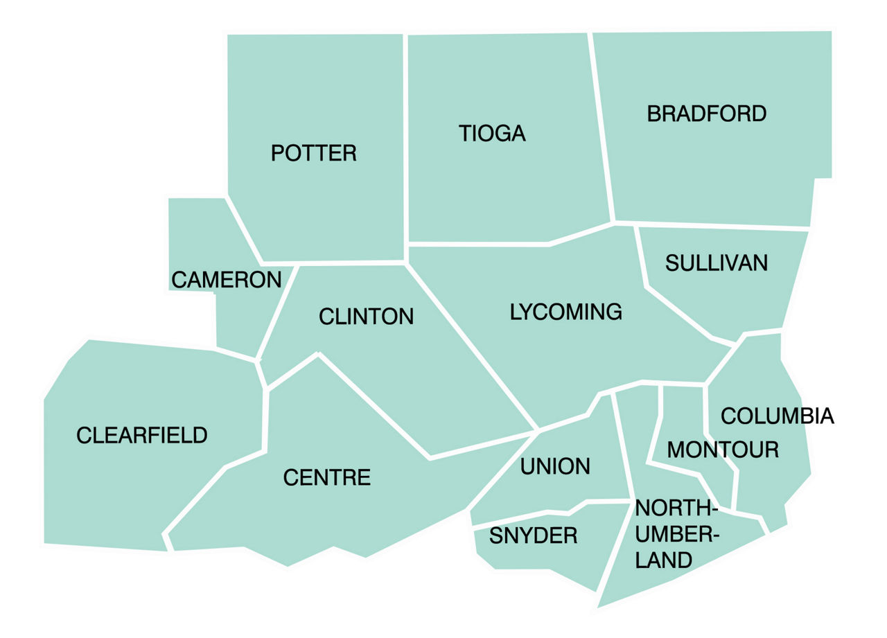DEP Northcentral region counties: Bradford, Cameron, Centre, Clearfield, Clinton, Columbia, Lycoming, Montour, Northumberland, Potter, Snyder, Sullivan, Tioga and Union.