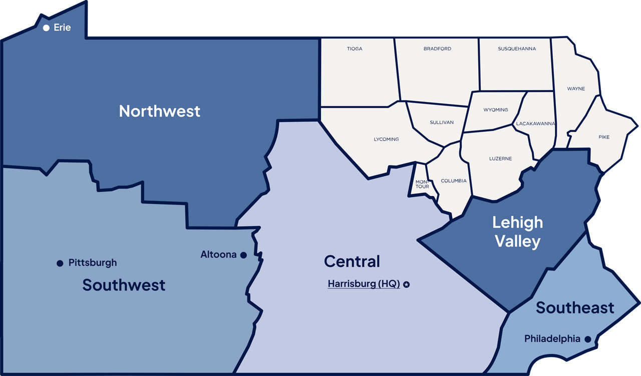 A map of Pennsylvania split into six regions. The Northeast region is highlighted and separated, and its counties are indicated on the map.