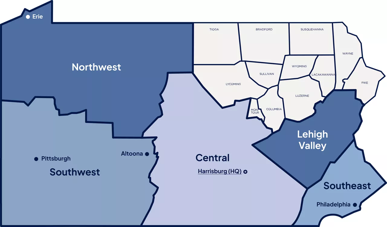 A map of Pennsylvania split into six regions. The Northeast region is highlighted and separated, and its counties are indicated on the map.