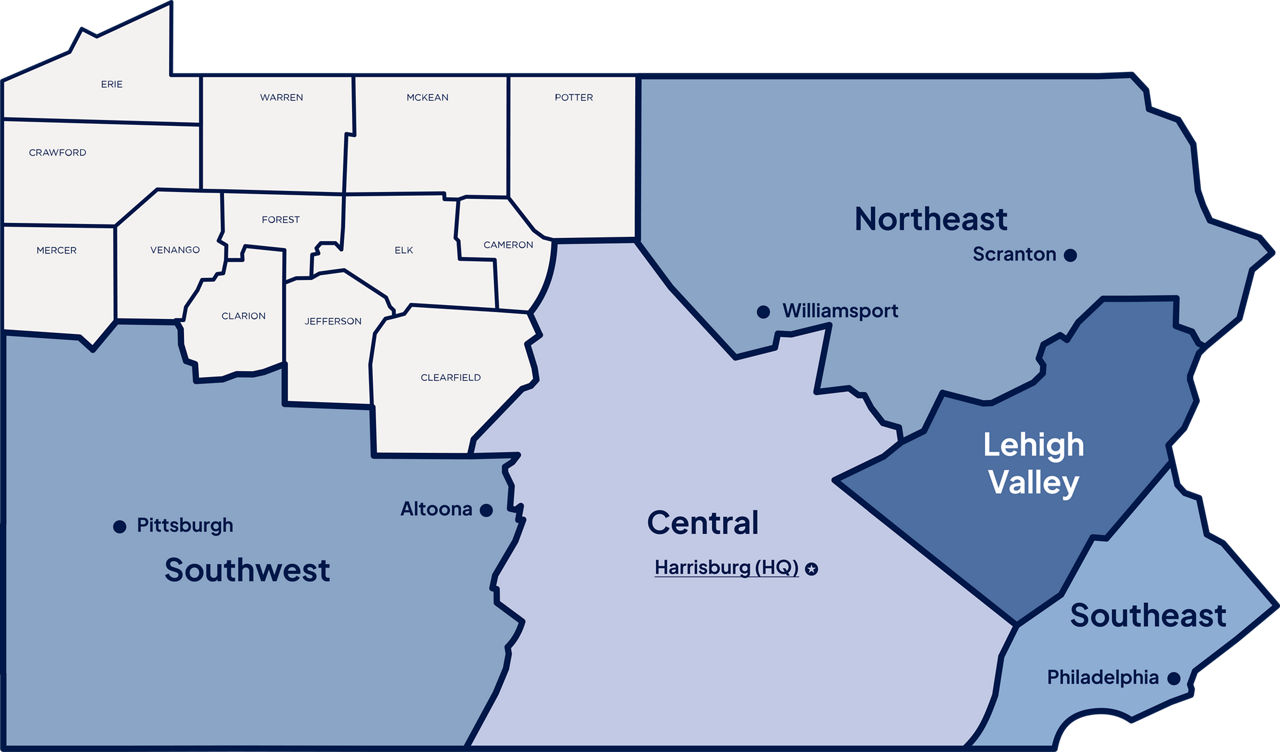 A map of Pennsylvania split into six regions. The Northwest region is highlighted and separated, and its counties are indicated on the map.