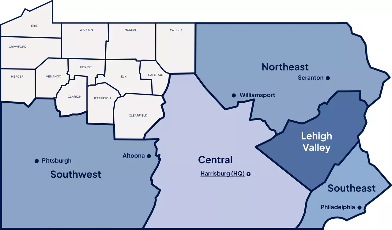 A map of Pennsylvania split into six regions. The Northwest region is highlighted and separated, and its counties are indicated on the map.