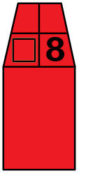 Red elongated trapezoid shape with a number.