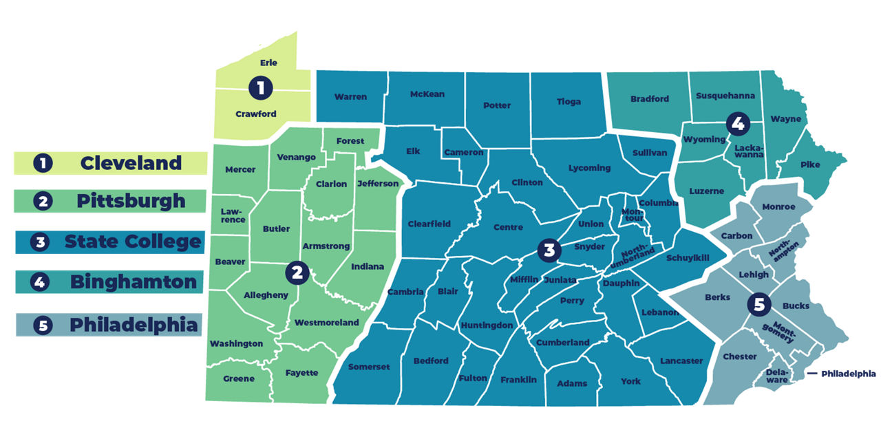 Map showing the five National Weather Service Regions in PA: Cleveland, Pittsburgh, State College, Binghamton, and Philadelphia.