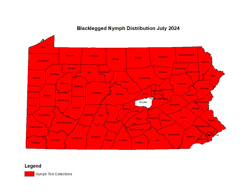 2024 Map showing distribution of Blacklegged Tick in PA