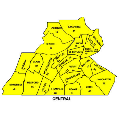 County map of OCYF Offices in the Central Region. Counties include: Adams, Bedford, Blair, Cambria, Centre, Clinton, Columbia, Cumberland, Dauphin, Franklin, Fulton, Huntingdon, Juniata, Lancaster, Lebanon, Lycoming, Mifflin, Montour, Northumberland, Perry, Snyder, Somerset, Union, York