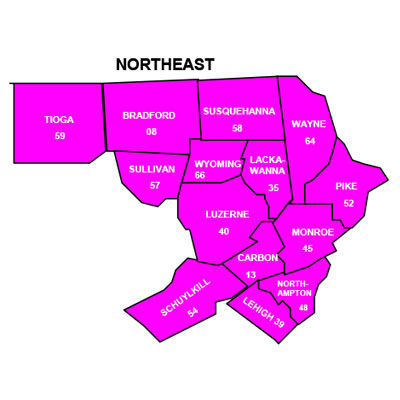 County map of OCYF Offices in the Northeast Region. Counties include: Bradford, Carbon, Lackawanna, Lehigh, Luzerne, Monroe, Northampton, Pike, Schuylkill, Sullivan, Susquehanna, Tioga, Wayne, Wyoming