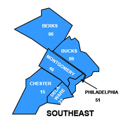 County map of OCYF Offices in the Southeast Region. Counties include: Berks, Bucks, Chester, Delaware, Montgomery, Philadelphia