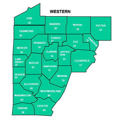 County map of OCYF Offices in the Western Region. Counties include:  Allegheny, Armstrong, Beaver, Butler, Cameron, Clarion, Clearfield, Crawford, Elk, Erie, Fayette, Forest, Greene, Indiana, Jefferson, Lawrence, McKean, Mercer, Potter, Venango, Warren, Washington, Westmoreland