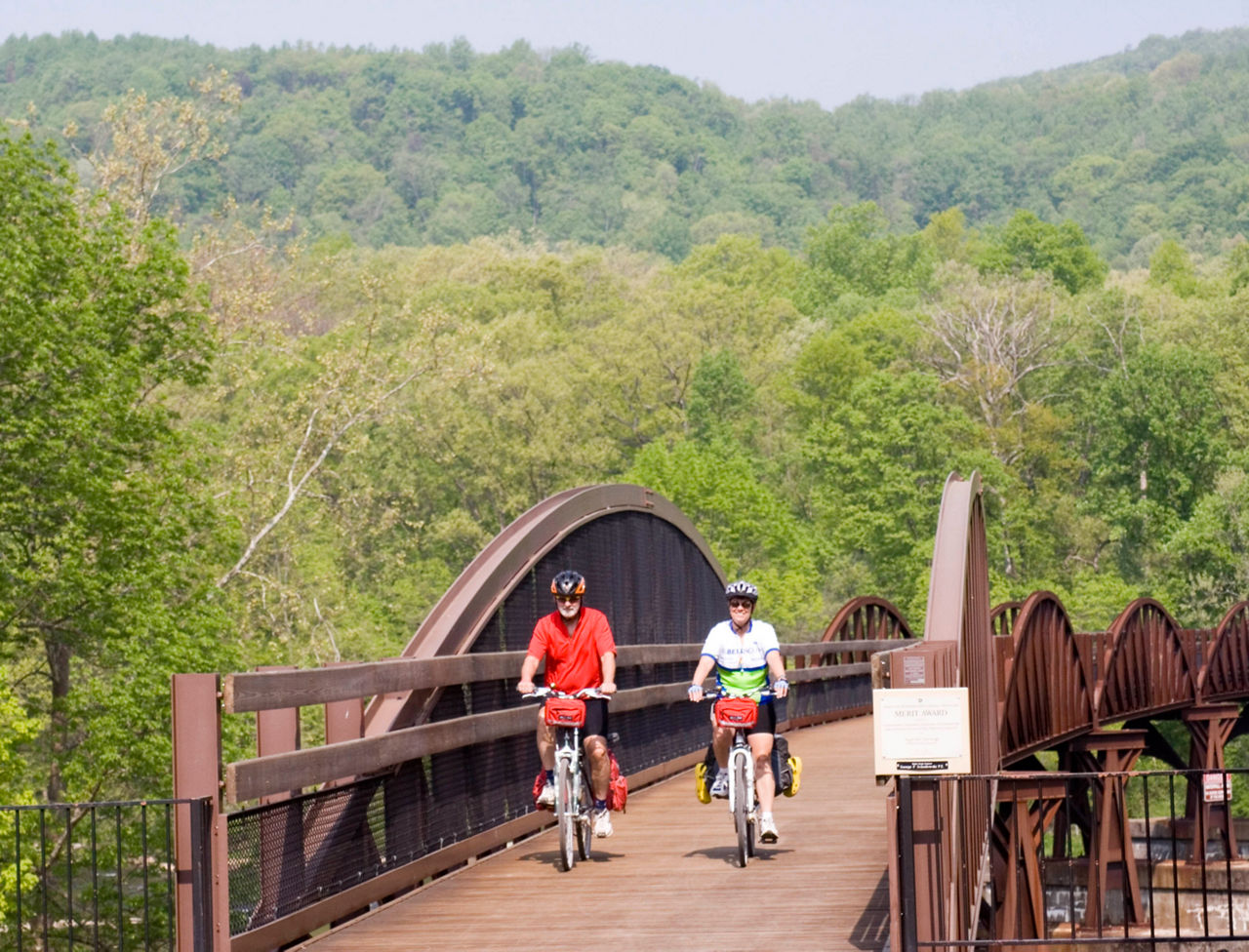 A couple biking on an arched metal bridge surrounded by forest and mountains