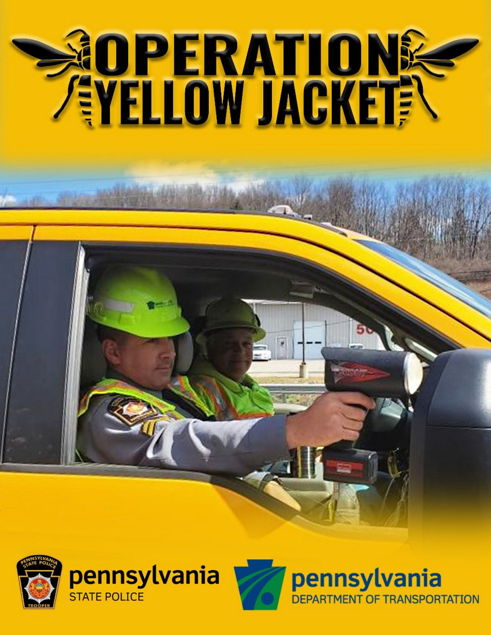 Image shows State Police trooper doing radar enforcement in a PennDOT vehicle.
