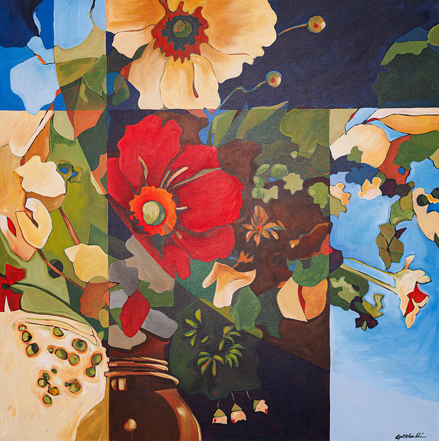 brown vase with flowers, in block colors