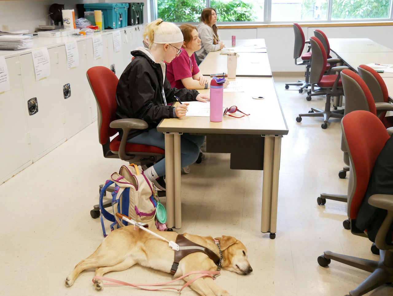 Student in OVR's summer camp sits at desk with service dog at their feet