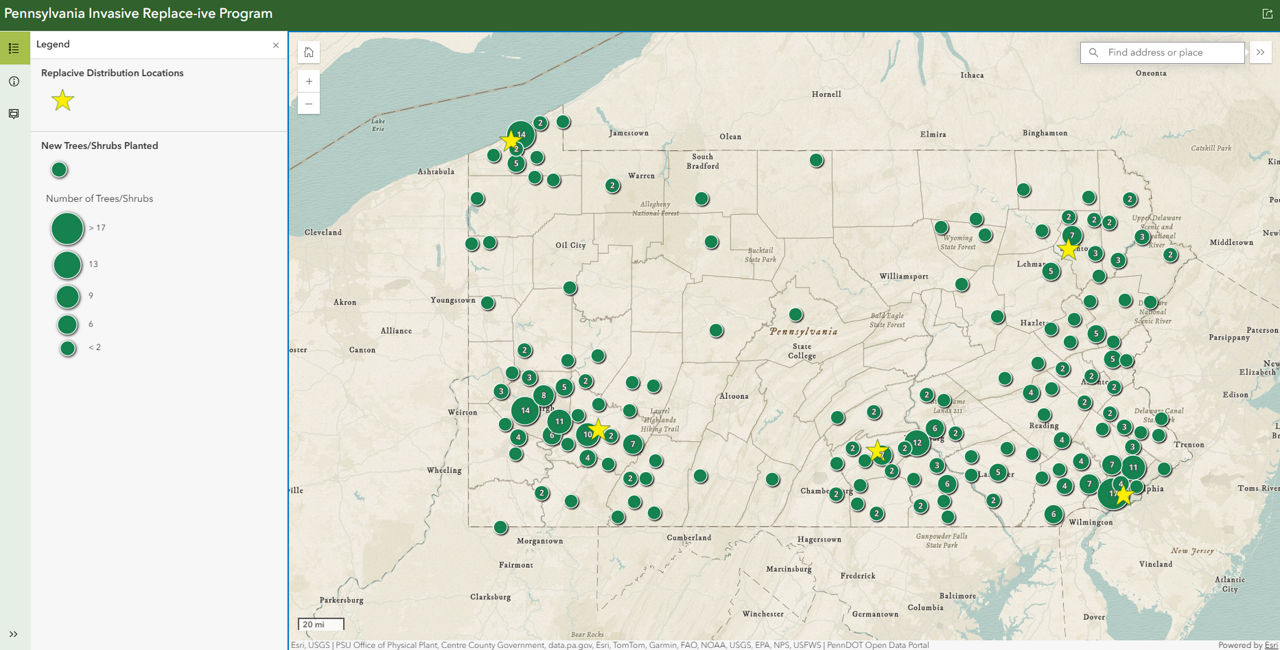 Map shows 2025 distribution sites where native trees were given away, and locations where invasive removals and native plantings occurred