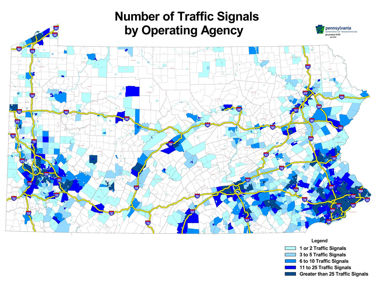 A map showing the number and location of every traffic signal in Pennsylvania.