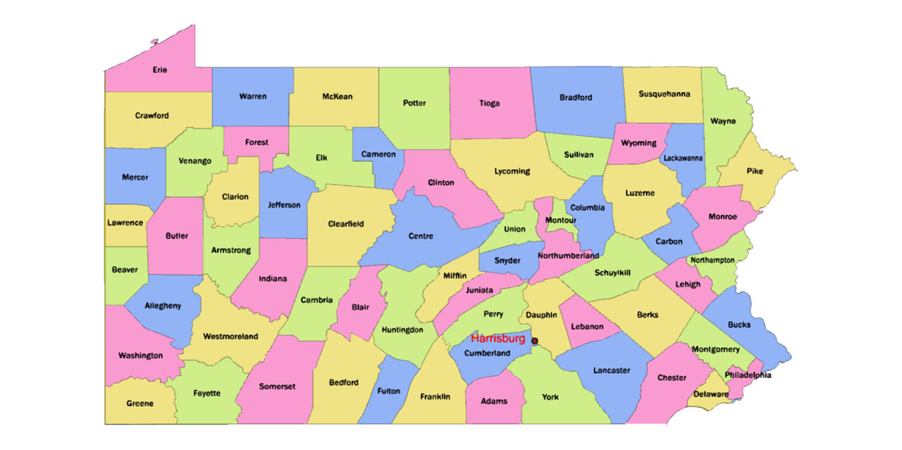 Colorful Pennsylvania map with counties.