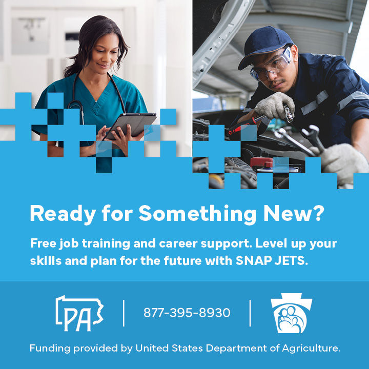A split screen of a nurse and a mechanic. Text on image reads: "Ready for something new? Free job training and career support. Level up your skills and plan for the future with SNAP JETS.  877-395-8930 Funding provided by United States Department of Agriculture.