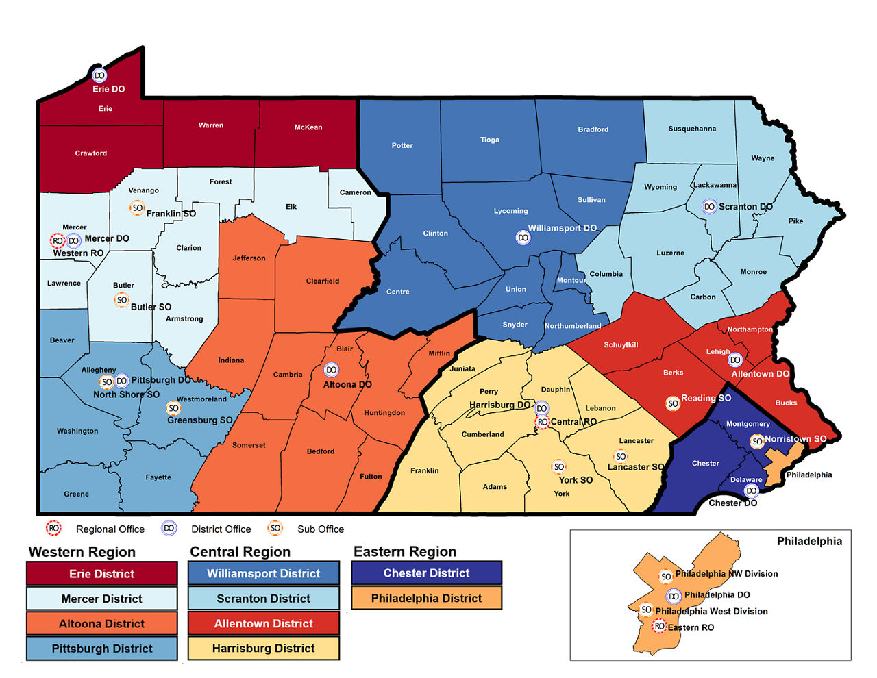 A map of Pennsylvania's parole offices. Details are listed in the search engine below.