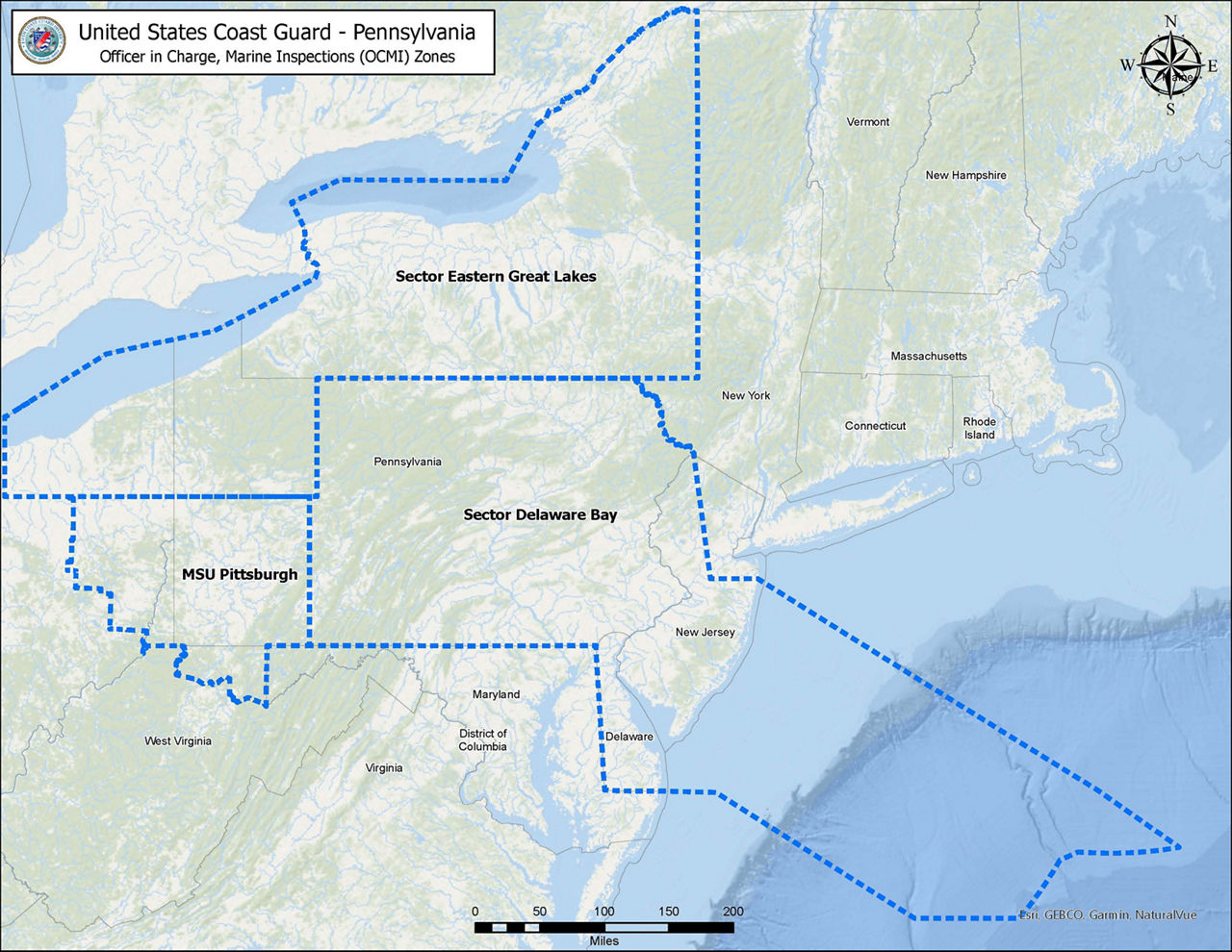 United States Coast Guard Officer in Charge, Marine Inspection Zones Map of Pennsylvania and tri-state area highlighting three sectors:  Eastern Great Lakes, MSU Pittsburgh and Delaware Bay