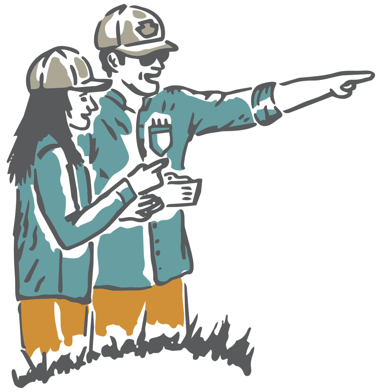 Illustration of PA Game Commission and PA Fish and Boat Commission staff pointing into the distance.