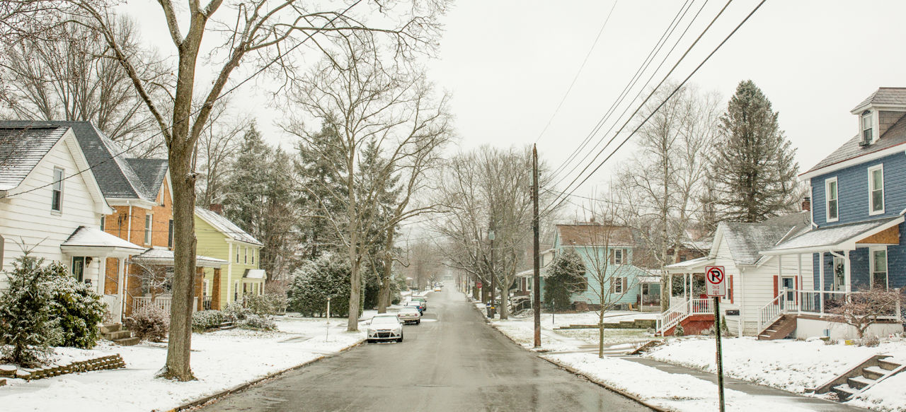 A snowy Pennsylvania neighborhood.