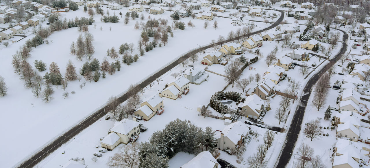 A snowy Pennsylvania neighborhood from above.