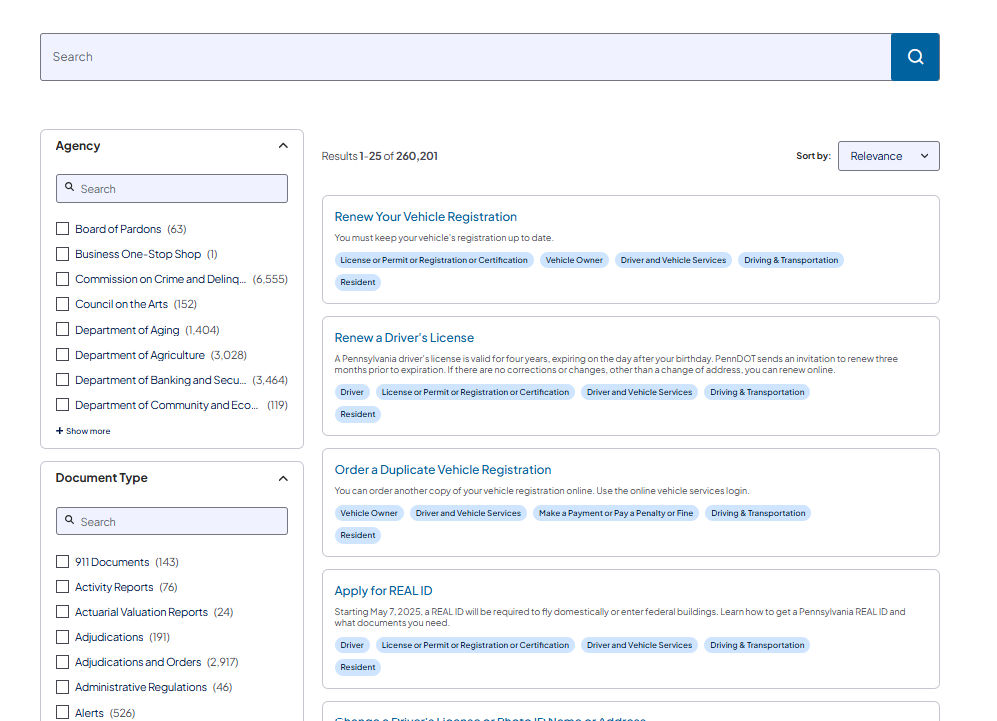 PA.gov general site Search Hub